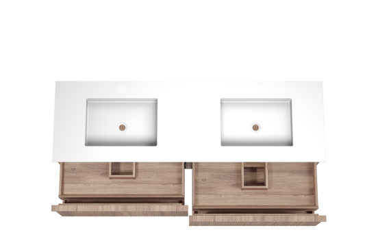 Balmani Forma hängendes Möbelstück Set: 180 x 55 cm, Teak, mit Tablo Stretto Doppelwaschtisch, Solid Surface, Weiß matt, Vertikale symmetrische gerade Rippe