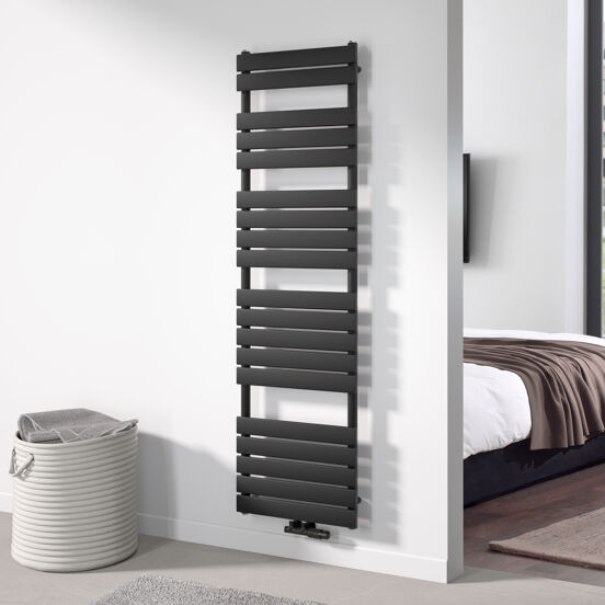 Vipera Vulcan enkele handdoekradiator 50 x 180 cm centrale verwarming mat zwart zij- en middenaansluiting 1.049W