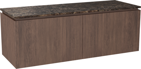 Balmani Eclips hängendes Möbelstück Set: 150 x 55 cm, Amerikanischer Nussbaum, mit Stretto Einzel- oder Doppel Waschtischplatte Marmor Dark Emperador, Vertikale symmetrische gerade Rippe