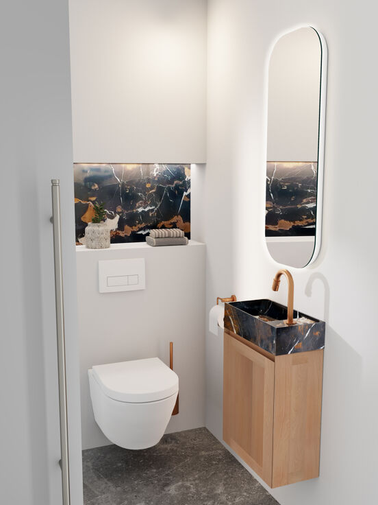 Balmani Mitra meuble wc suspendu 42 x 21 cm teck avec Dama plan vasque en marbre Portoro Gold