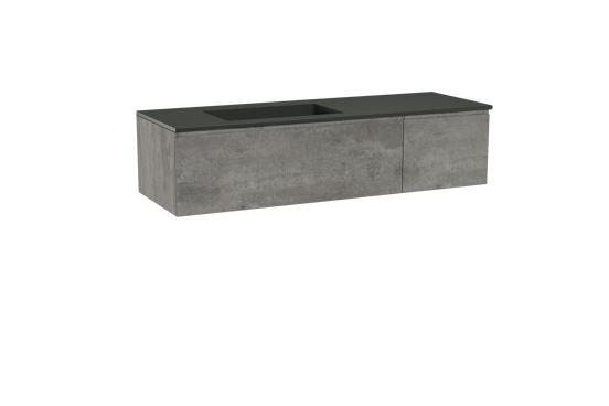 Storke Edge zwevend badmeubel 150 x 52 cm beton donkergrijs met Scuro asymmetrisch linkse wastafel in kwarts mat zwart