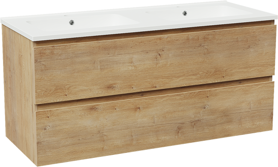 Linie Lado zwevend badkamermeubel 120 x 46 cm natuur eik met Vano dubbele wastafel in composietmarmer mat wit