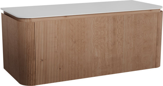 Balmani Moon zwevend badkamermeubel 130 x 55 cm natuur eik met Moon enkel of dubbel tablet in solid surface mat wit, Verticale symmetrische rechte ribbel