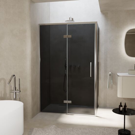 Balmani Senses Design douchehoek met linkse draaideur en vaste zijwand, 120 x 90 cm, Rookglas, Chroom profielen, met coating