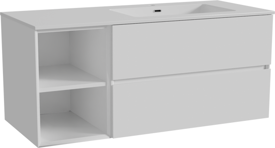 Storke Edge meuble salle de bains suspendu 120 x 52 cm blanc brillant avec Diva plan vasque asymétrique à droite en marbre composite blanc brillant