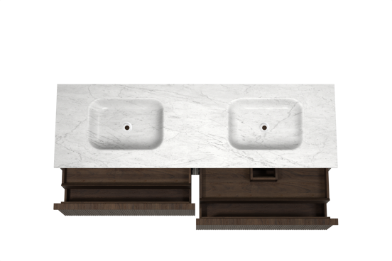 Balmani Forma meuble salle de bains suspendu 180 x 55 cm chêne fumé avec Tablo Arcato double vasque en marbre carrara, Nervure droite symétrique verticale