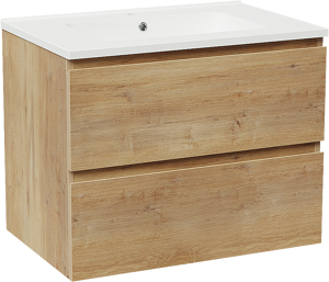 Linie Lado zwevend badmeubel 70 x 46 cm naturel eiken met Vano enkele wastafel in composietmarmer mat wit