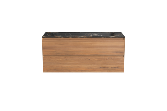 Balmani Mitra hängendes Möbelstück Set: 120 x 55 cm, Teak, mit Tablo Arcato Einzelwaschtisch für 2 Armaturenlöcher, Marmor Portoro Gold