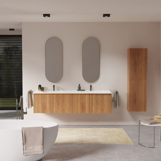 Balmani Forma hängendes Möbelstück Set: 180 x 55 cm, Teak, mit Tablo Oval Doppelwaschtisch, Solid Surface, Weiß matt, Vertikale symmetrische gerade Rippe