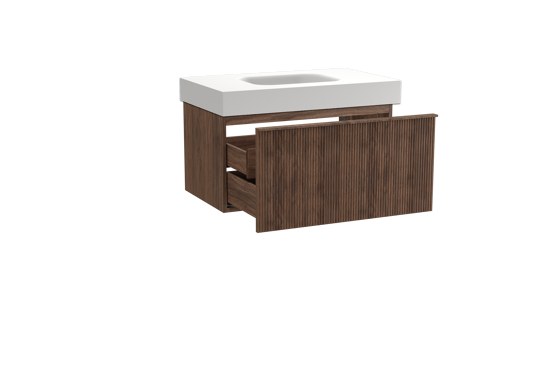 Balmani Forma zwevend badkamermeubel 90 x 55 cm amerikaanse notelaar met Arcato enkele wastafel in solid surface mat wit, Verticale symmetrische rechte ribbel