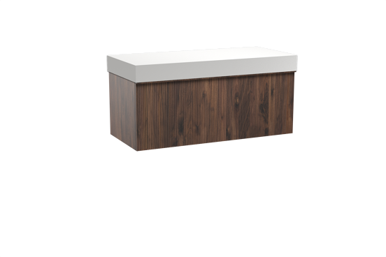 Balmani Forma hängendes Möbelstück Set: 120 x 55 cm, Amerikanischer Nussbaum, mit Dominus Einzel- oder Doppel Waschtischplatte, Solid Surface, Weiß matt, Vertikale symmetrische gerade Rippe