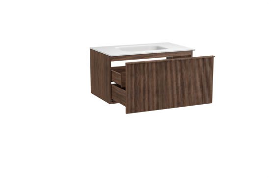 Balmani Forma zwevend badkamermeubel 90 x 55 cm amerikaanse notelaar met Tablo Arcato enkele wastafel in solid surface mat wit, Verticale symmetrische rechte ribbel