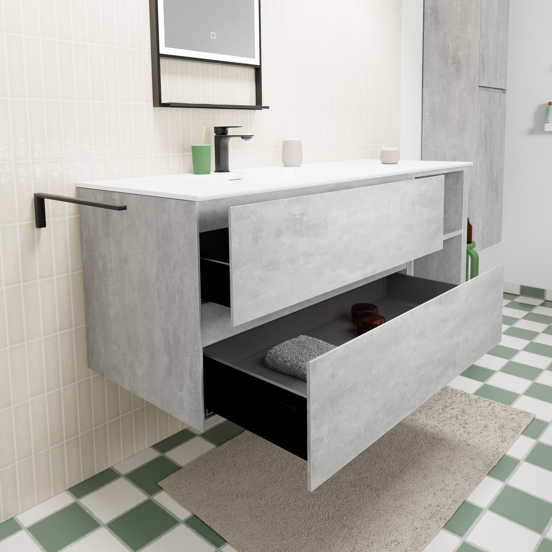 Storke Edge meuble salle de bains suspendu 140 x 52 cm béton gris foncé avec Mata plan vasque asymétrique à gauche en solid surface blanc mat