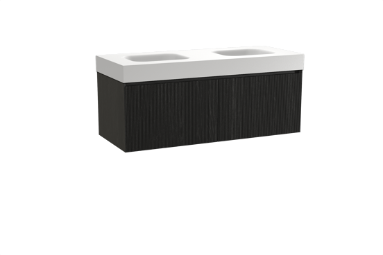 Balmani Fila hängendes Möbelstück Set: 135 x 55 cm, Schwarze Eiche, mit Arcato Doppelwaschtisch, Solid Surface, Weiß matt, Vertikale symmetrische gerade Rippe