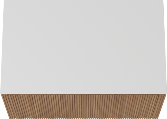 Balmani Eclips meuble salle de bains suspendu 90 x 55 cm Teck avec Stretto tablette simple en Solid Surface blanc mat, Nervure droite symétrique verticale