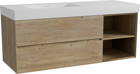 Storke Edge hängendes Möbelstück Set: 140 x 52 cm, Rohe Eiche, mit Mata High Waschtisch links, Solid Surface Weiß matt