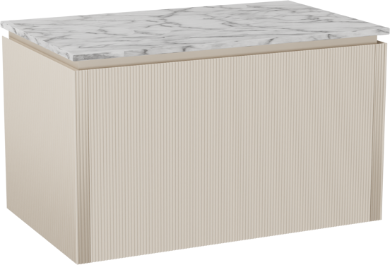 Balmani Eclips hängendes Möbelstück Set: 90 x 55 cm, Sandbeige, mit Stretto Einzel Waschtischplatte Carrara-Marmor, Vertikale symmetrische gerade Rippe