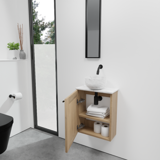 Balmani Lemon zwevend toiletmeubel 42 x 21 cm verweerd eiken met Facetta wastafelblad en Bowl waskom in Carrara marmer