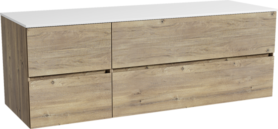Storke Edge zwevend badmeubel 150 x 52 cm ruw eiken met Tavola enkel of dubbel wastafelblad in solid surface mat wit