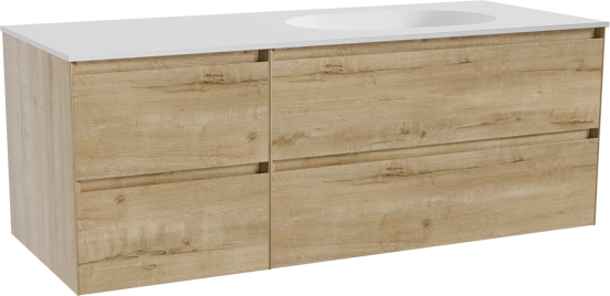 Balmani Mitra zwevend badkamermeubel 135 x 55 cm ruwe eik met Tablo Oval asymmetrisch rechtse wastafel in solid surface mat wit