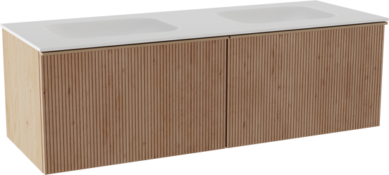 Balmani Forma zwevend badkamermeubel 150 x 55 cm natuur eik met Tablo Arcato dubbele wastafel in solid surface mat wit, Verticale symmetrische rechte ribbel