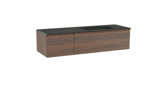 Storke Edge zwevend badkamermeubel 150 x 52 cm notelaar met Scuro asymmetrisch rechtse wastafel in kwarts mat zwart