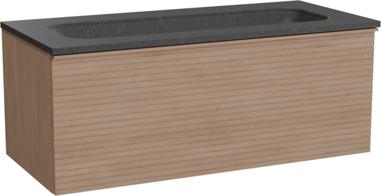 Balmani Forma zwevend badkamermeubel 120 x 55 cm natuur eik met Tablo Arcato enkele wastafel voor 2 kraangaten in graniet zwart, Horizontale symmetrische rechte ribbel