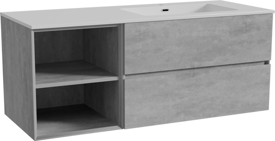 Storke Edge zwevend badmeubel 130 x 52 cm beton donkergrijs met Diva asymmetrisch rechtse wastafel in composietmarmer hoogglans wit
