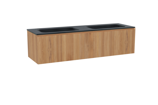 Balmani Idra meuble salle de bains suspendu 180 x 55 cm teck avec Tablo Strada double vasque en marbre composite noir mat