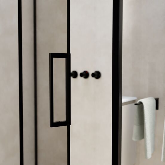 Balmani Senses Design douchehoek met linkse draaideur en vaste zijwand, 140 x 100 cm, Helder glas, Zwarte profielen, met coating