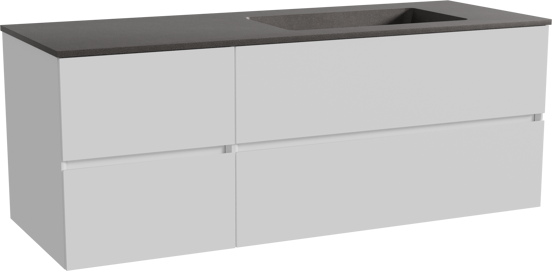 Storke Edge zwevend badmeubel 140 x 52 cm mat wit met Scuro asymmetrisch rechtse wastafel in kwarts mat zwart
