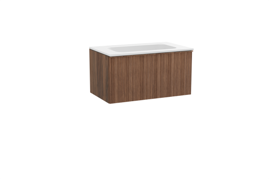Balmani Forma zwevend badkamermeubel 90 x 55 cm amerikaanse notelaar met Tablo Strada enkele wastafel in composietmarmer mat wit, Verticale asymmetrische ronde ribbel