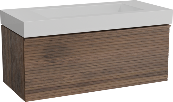 Balmani Forma zwevend badkamermeubel 120 x 55 cm amerikaanse notelaar met Modus enkele wastafel voor 2 kraangaten in solid surface mat wit, Horizontale symmetrische rechte ribbel