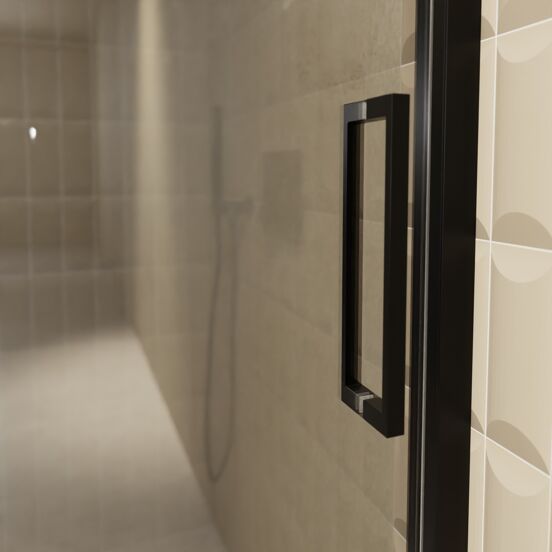 Balmani Senses Design Dusche Schiebetür, Links, 140 cm x 210 cm, Reflex-Spiegelglas, Profil Schwarz