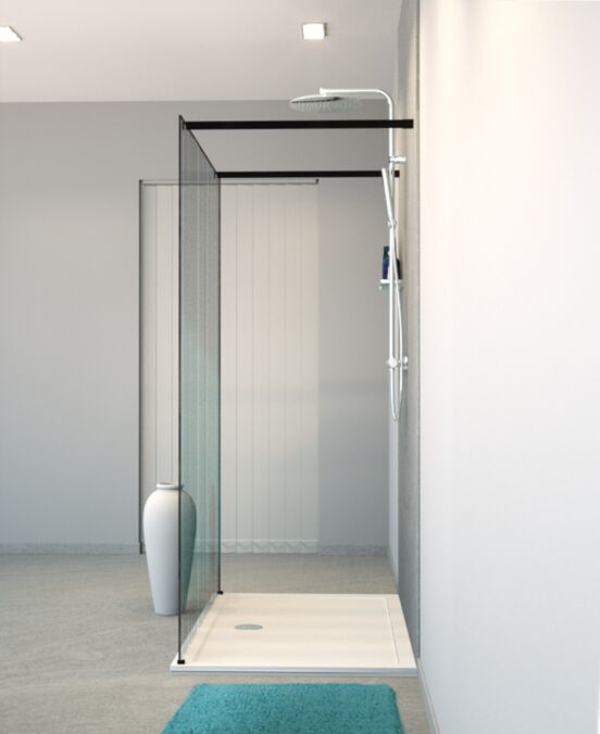 Balmani BMSS douche à l'italienne avec paroi autoportante 140 x 200 cm verre code barre noir profil noir mat