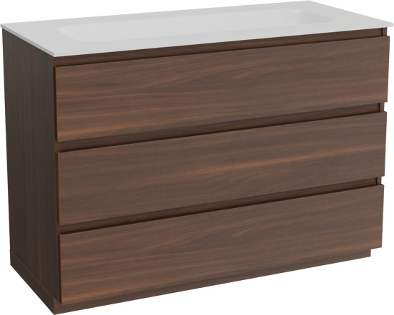 Balmani Lucida freistehendes Möbelstück Set: 120 x 55 cm, Amerikanischer Nussbaum, mit Tablo Arcato Einzelwaschtisch für 2 Armaturenlöcher, Solid Surface Weiß matt