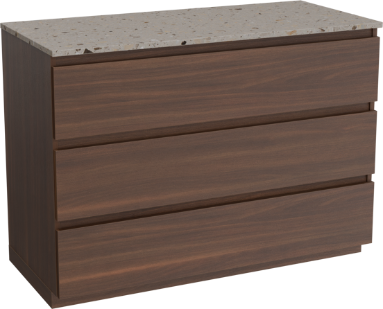 Balmani Lucida freistehendes Möbelstück Set: 120 x 55 cm, Amerikanischer Nussbaum, mit Stretto Einzel- oder Doppel Waschtischplatte, Terrazzo in Greige