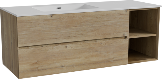 Storke Edge zwevend badmeubel 140 x 52 cm ruw eiken met Diva asymmetrisch linkse wastafel in composietmarmer hoogglans wit