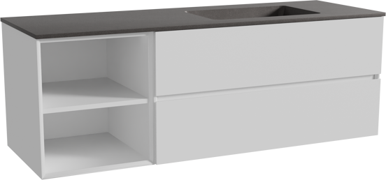 Storke Edge zwevend badmeubel 150 x 52 cm mat wit met Scuro asymmetrisch rechtse wastafel in kwarts mat zwart