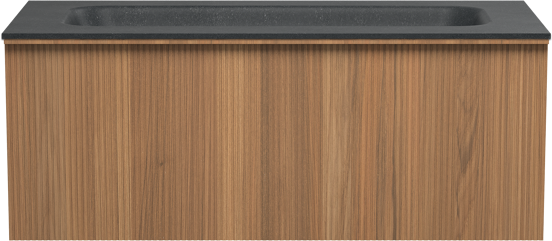 Balmani Forma zwevend badkamermeubel 120 x 55 cm teak met Tablo Arcato enkele wastafel voor 2 kraangaten in graniet zwart, Verticale symmetrische rechte ribbel