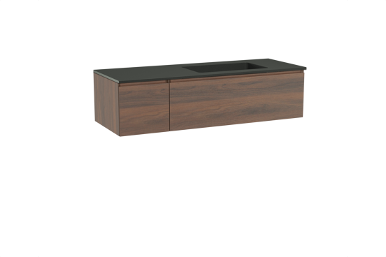 Storke Edge zwevend badkamermeubel 140 x 52 cm notelaar met Scuro asymmetrisch rechtse wastafel in kwarts mat zwart