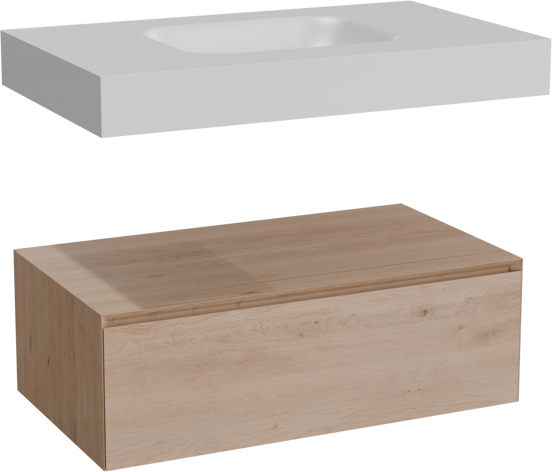 Balmani Mitra Elements meuble salle de bains suspendu 90 x 55 cm chêne naturel avec Wave plan simple en solid surface blanc mat