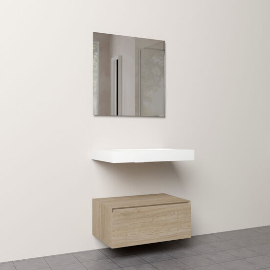 Storke Edge Modulo meuble salle de bains suspendu 75 x 52 cm chêne brut avec Mata High plan simple en solid surface blanc mat et Soto miroir