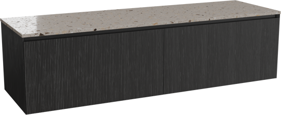 Balmani Fila zwevend badkamermeubel 180 x 55 cm zwarte eik met Stretto enkel of dubbel tablet in terrazzo greige terrazzo, Verticale symmetrische rechte ribbel