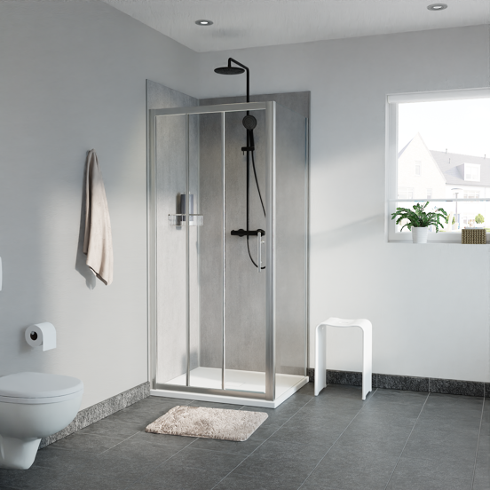 Linie Cadiz douchecabine met schuifdeur en vaste zijwand, 90 x 90 cm, helder glas, geborstelde chroom profielen