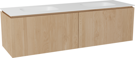 Balmani Eclips zwevend badkamermeubel 180 x 55 cm Natuur eik met Tablo Arcato dubbele wastafel in Solid Surface mat wit