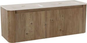 Storke Soft meuble salle de bains suspendu 140 x 46 cm chêne brut avec Mata Soft double vasque en Solid Surface beige granite, Nervure droite symétrique verticale