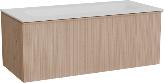 Balmani Forma zwevend badkamermeubel 120 x 55 cm natuur eik met Tablo Arcato enkele wastafel voor 2 kraangaten in solid surface mat wit, Verticale asymmetrische ronde ribbel