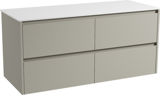 Storke Seda hängendes Möbelstück Set: 130 x 52 cm, Seidengrau, mit Tavola Einzel- oder Doppel Waschtischplatte, Solid Surface Weiß matt