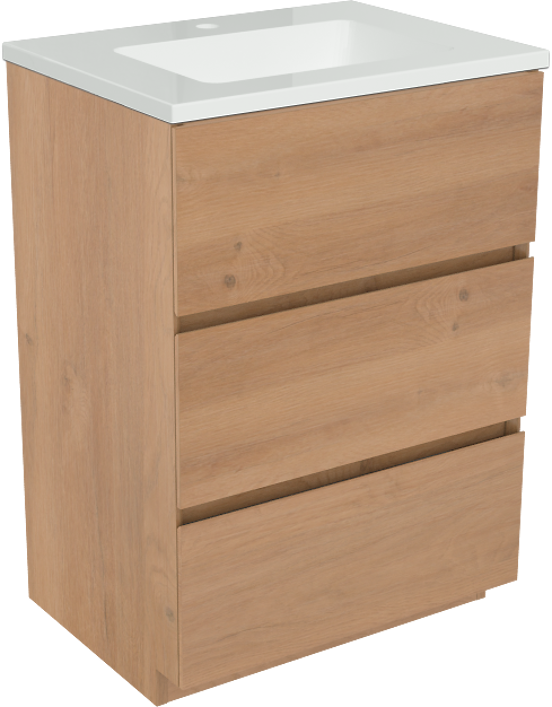 Storke Edge staand badkamermeubel 60 x 46 cm ruwe eik met Diva enkele wastafel in composietmarmer glanzend wit